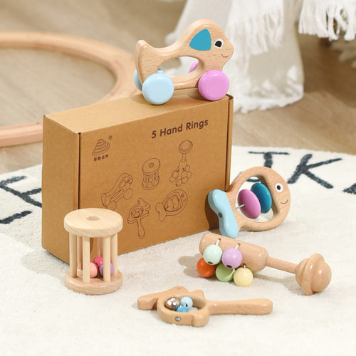 Hochets en bois de hêtre pour bébé, coffret de 5 — vue d'ensemble