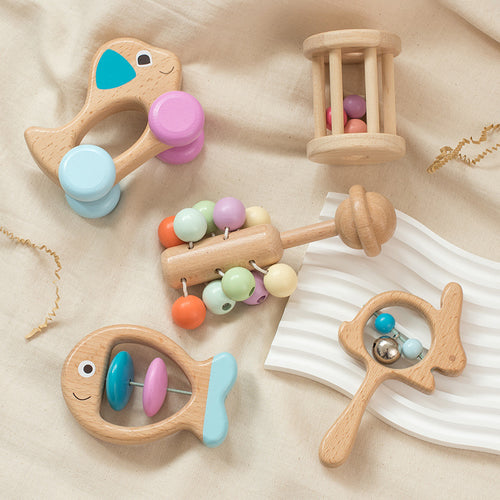 Hochets en bois de hêtre pour bébé, coffret de 5 — jouet éducatif pour enfant de 0 à 12 mois